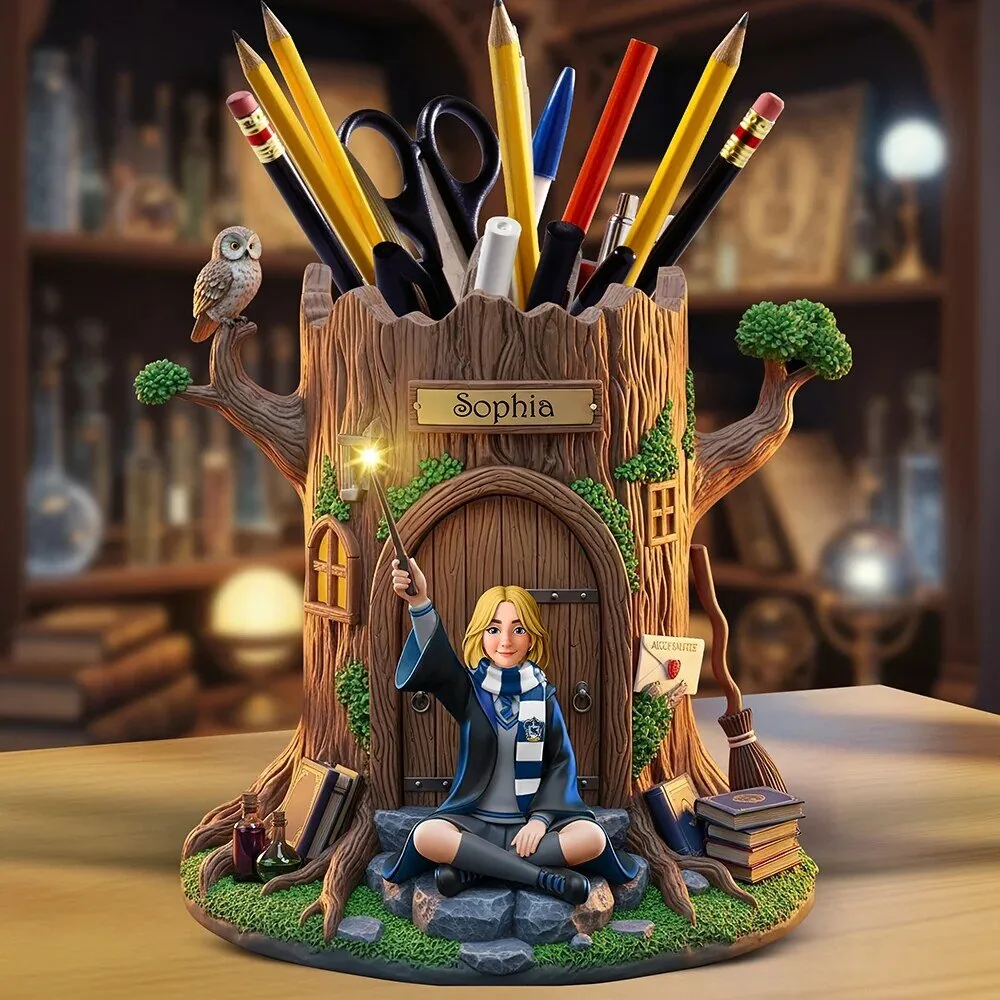 Personalized Wizarding School Tree Stump Pen Holder, Fantasy Desk Organizer