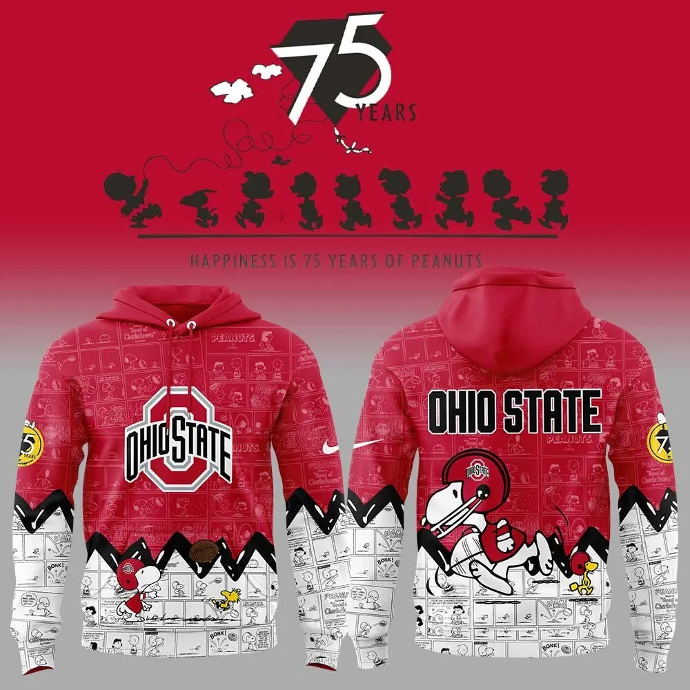 Ohio State Football Peanuts Snoopy 75th Anniversary Red Hoodie
