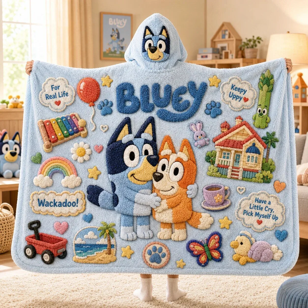 Bluey And Bingo Cartoon Characters Kids Wearable Hooded Blanket