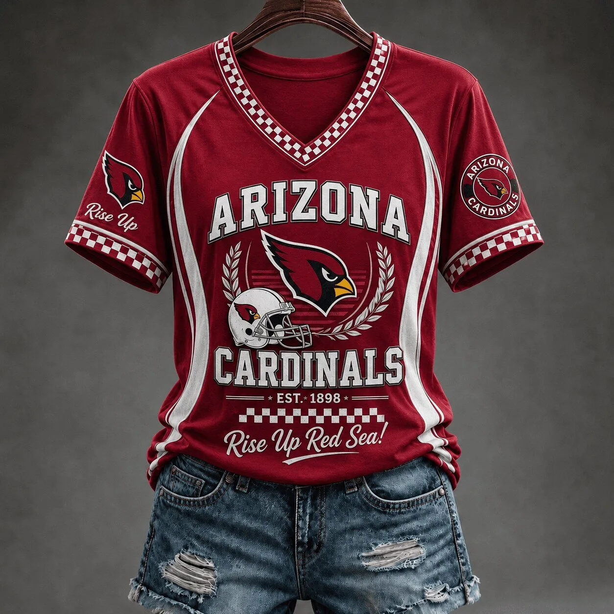 Rise Up Red Sea V-Neck T-Shirt for Arizona Cardinals Football Fans