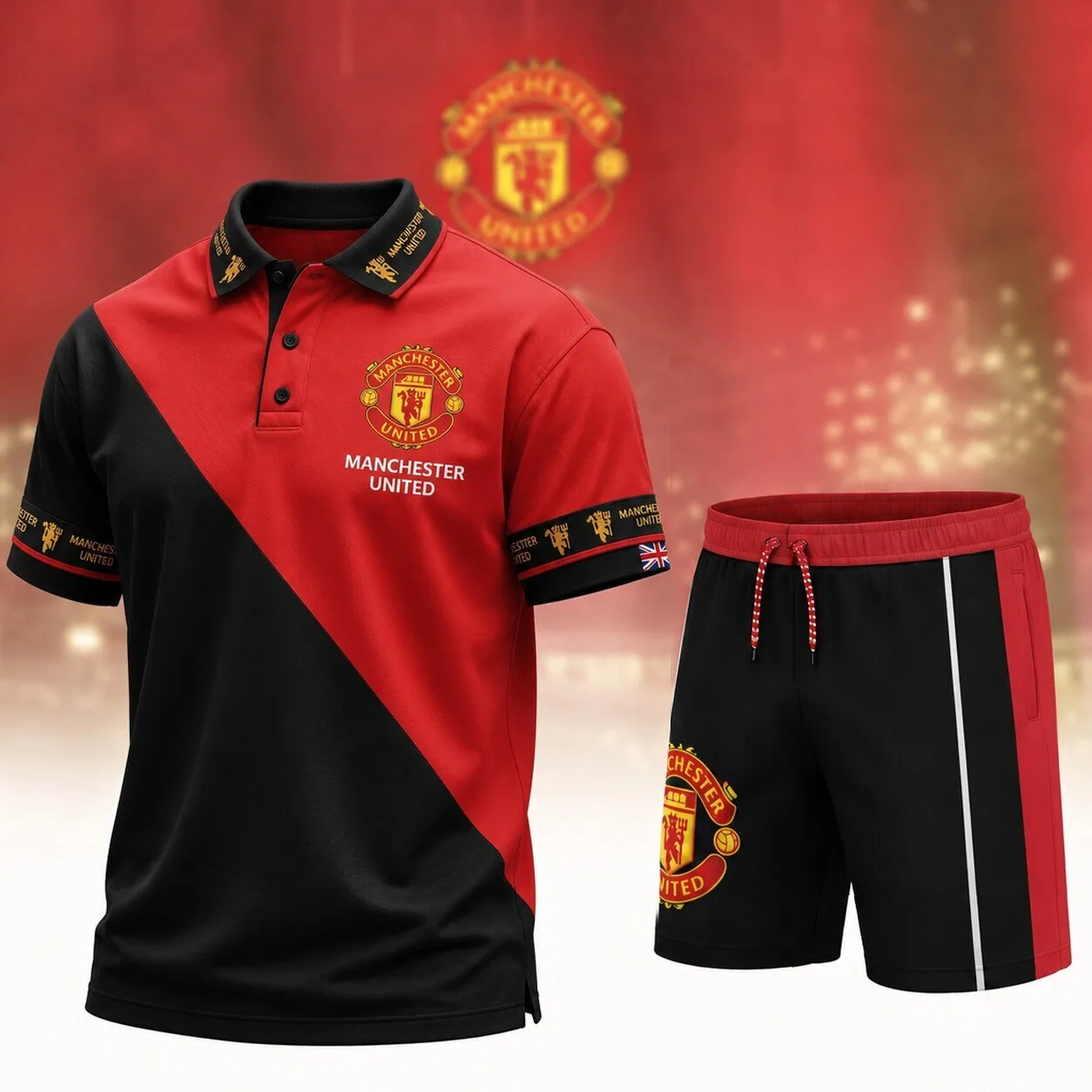 Red and Black Polo Shirt with Shorts Set for Manchester United Football Club Fans