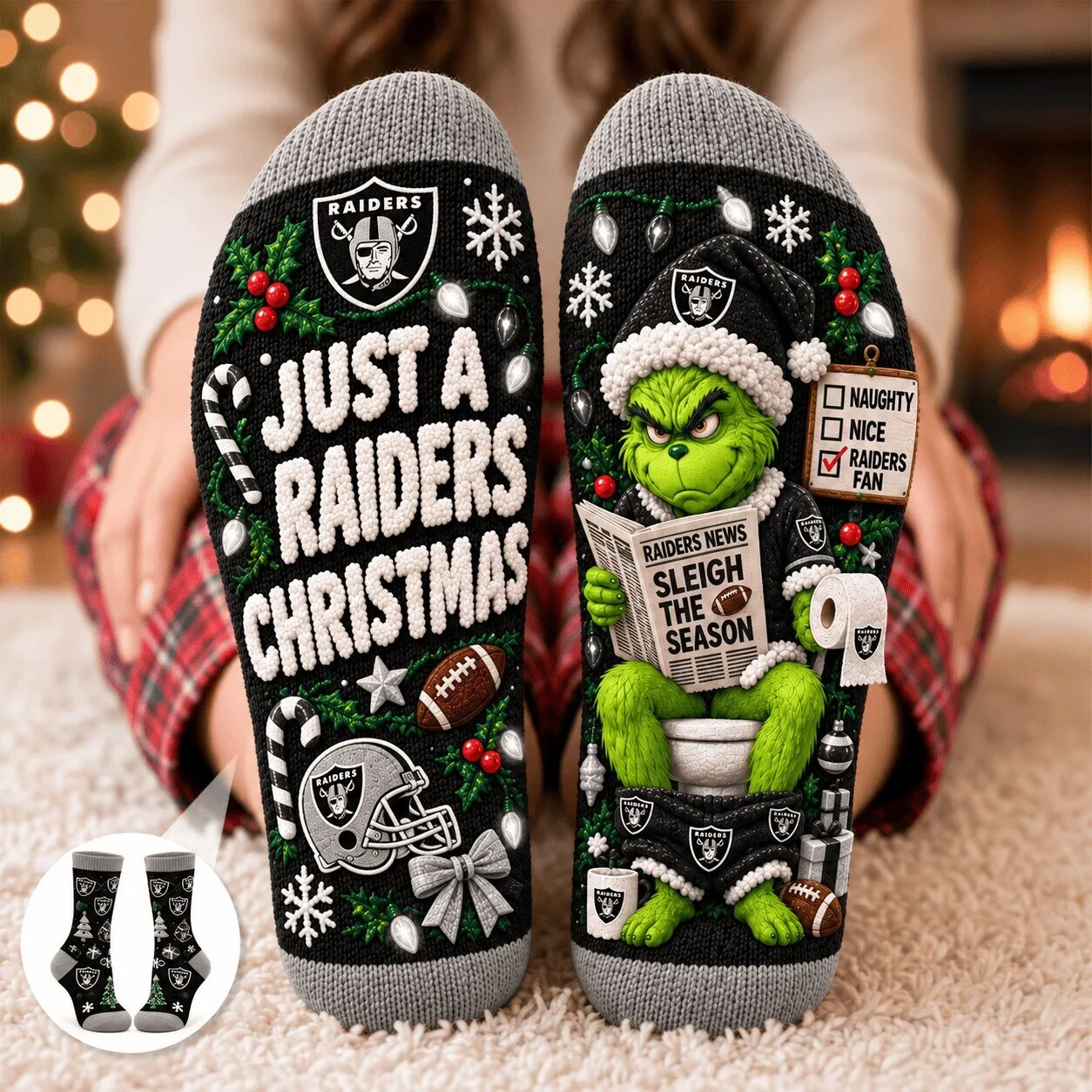 Las Vegas Raiders Grinch Christmas Funny NFL Football Team Socks