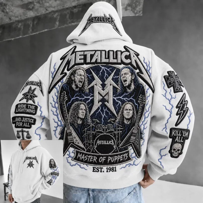 Metallica Master of Puppets Album Art Embroidered White Hoodie