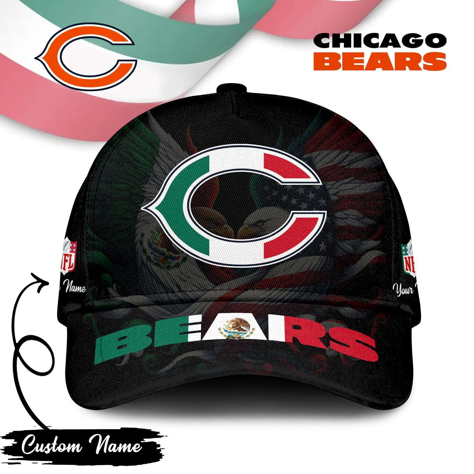 Chicago Bears NFL Mexican Flag Custom Name Baseball Cap Hat