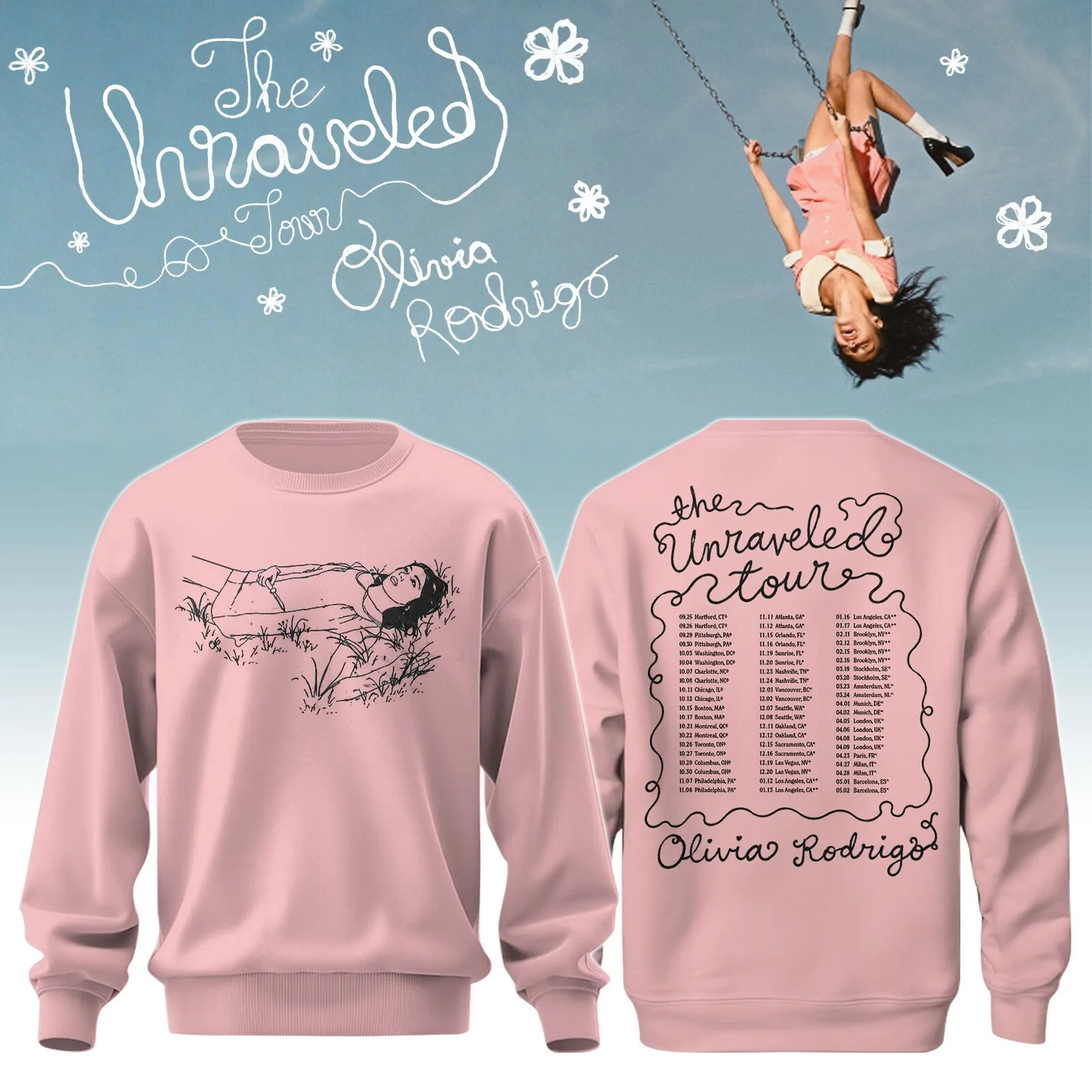 Olivia Rodrigo The Unraveled Tour Dates Pink Crewneck Sweatshirt