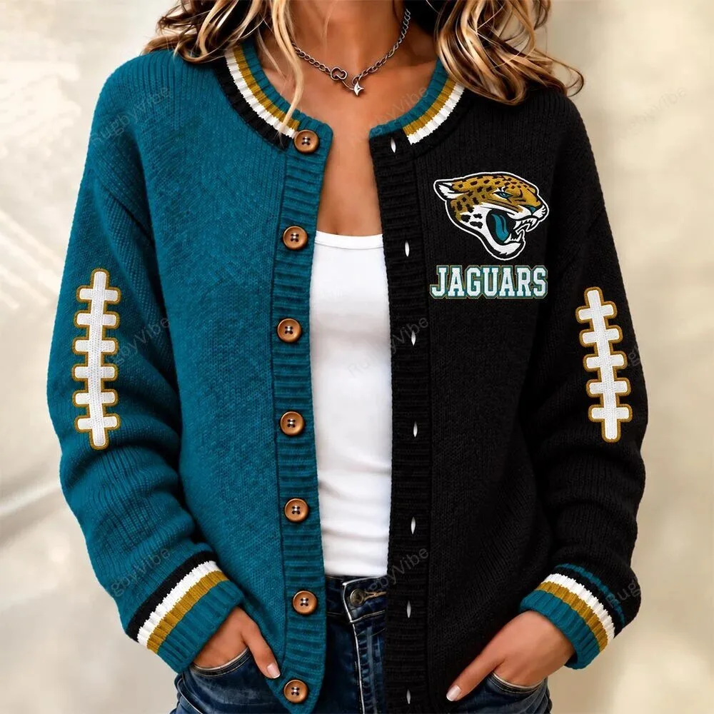 Jacksonville Jaguars Football Team Logo Teal and Black Knit Cardigan Sweater