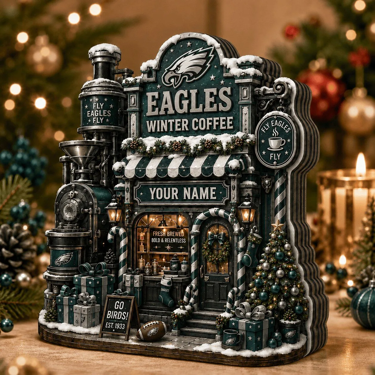 Philadelphia Eagles Fan Winter Coffee Shop Wooden Block Christmas Decoration