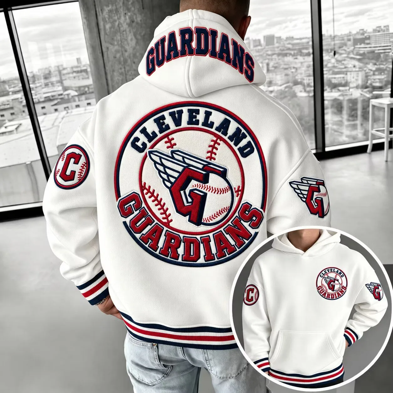 Cleveland Guardians Baseball Team Logo White Oversized Hoodie