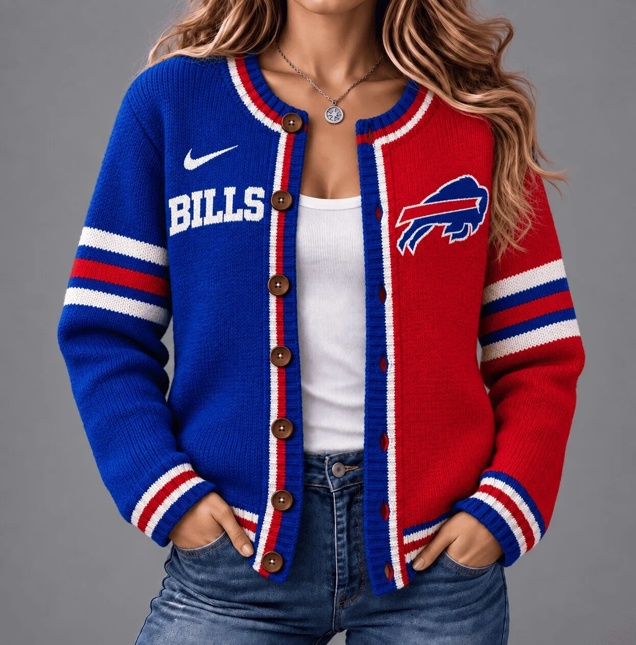 Buffalo Bills NFL Football Split Design Red and Blue Knitted Cardigan
