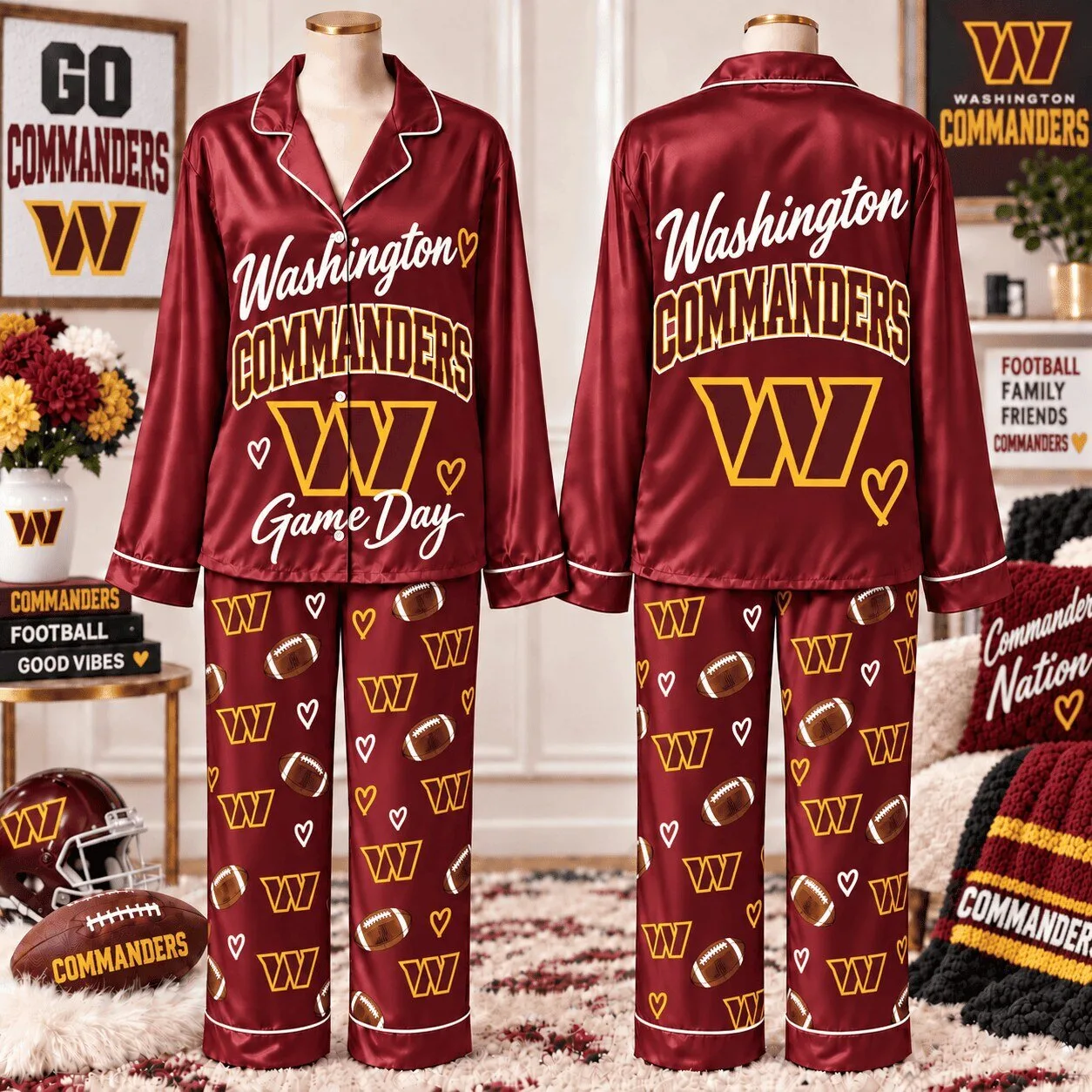 Washington Commanders Football Team Game Day Pajamas Set for Women 1 Washington Commanders Football Team Game Day Pajamas Set for Women
