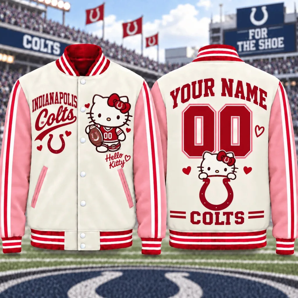 Personalized Name and Number Varsity Jacket featuring Hello Kitty for Indianapolis Colts Fans Personalized Name and Number Varsity Jacket featuring Hello Kitty for Indianapolis Colts Fans