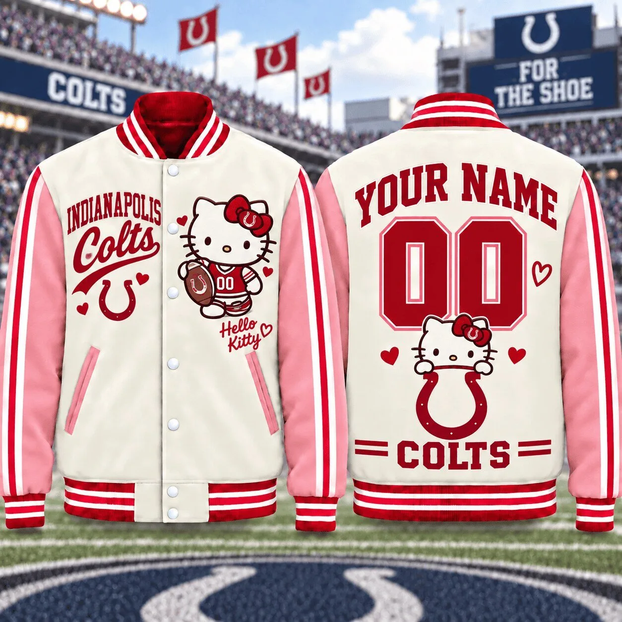 Personalized Name and Number Varsity Jacket featuring Hello Kitty for Indianapolis Colts Fans
