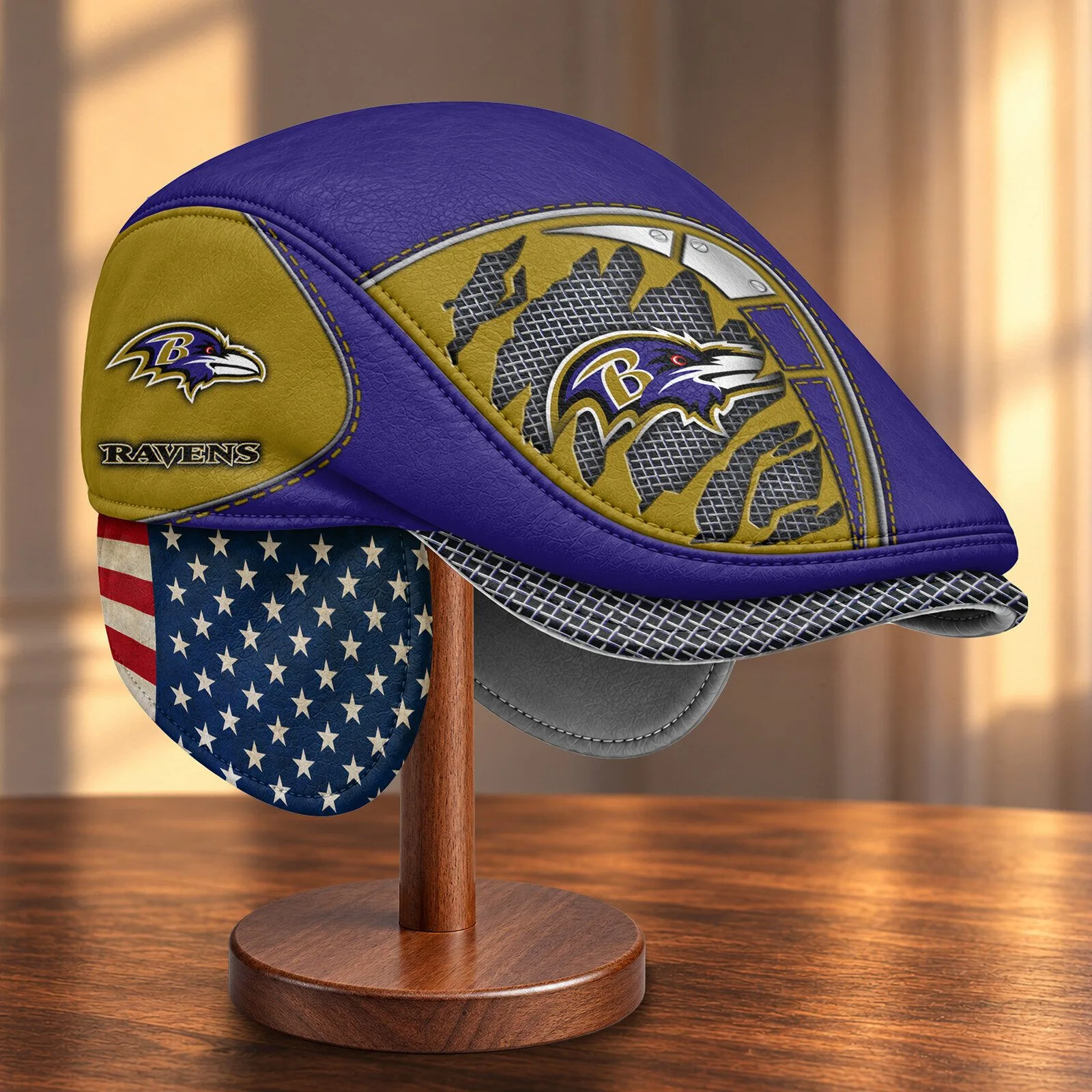 Baltimore Ravens NFL Football Team Logo Flat Cap Hat with Foldable Ear Flaps 6 Baltimore Ravens NFL Football Team Logo Flat Cap Hat with Foldable Ear Flaps