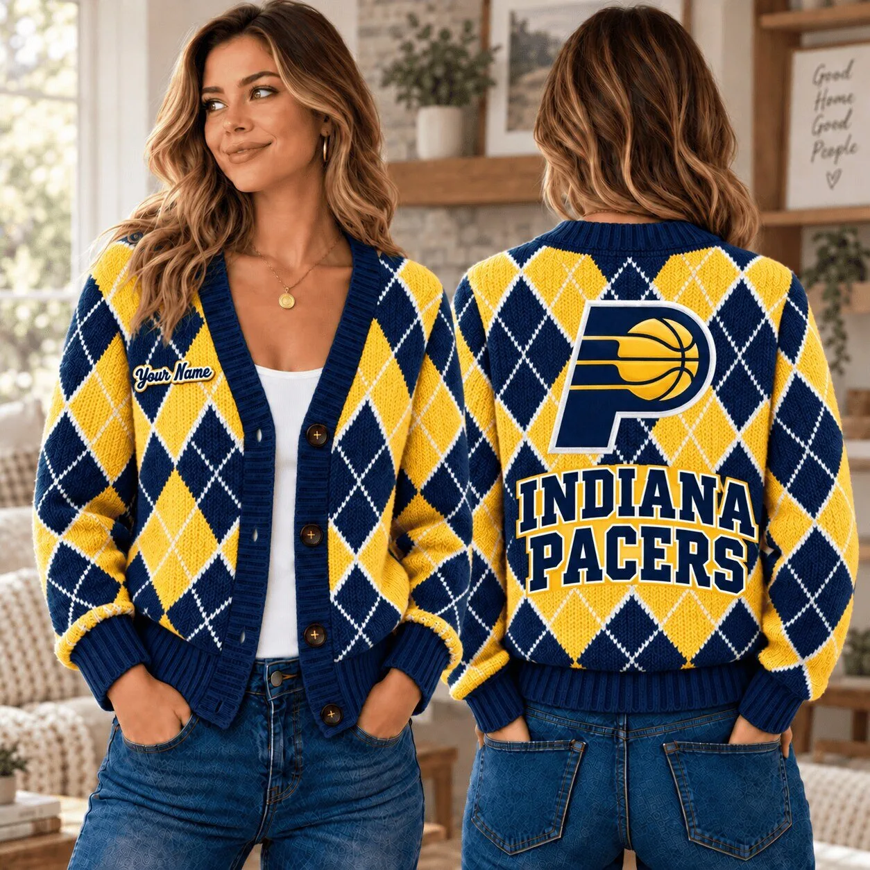 Indiana Pacers NBA Argyle Pattern Custom Name Cardigan Sweater