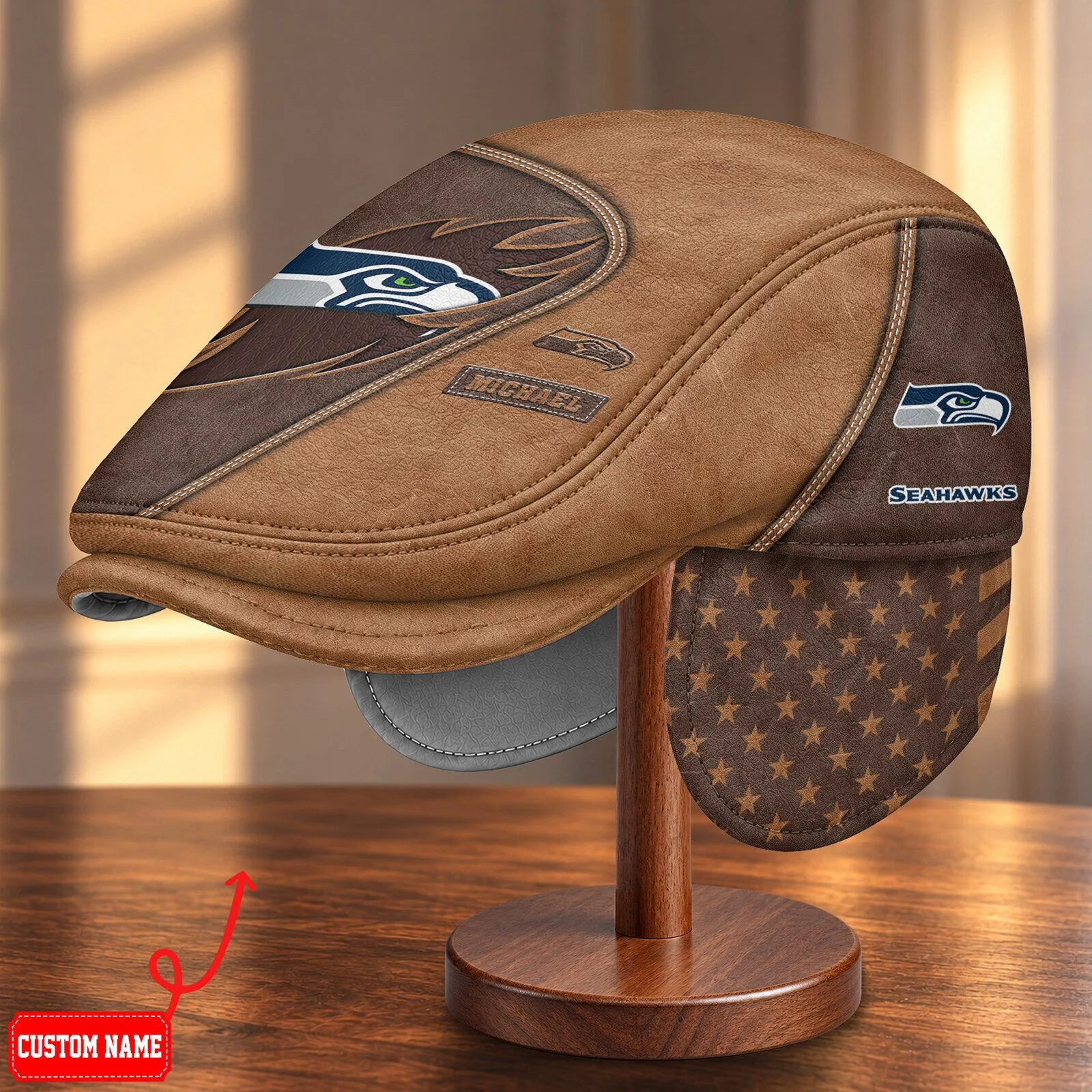 Seattle Seahawks NFL Football Team Logo Brown Flat Cap Hat with Ear Flaps