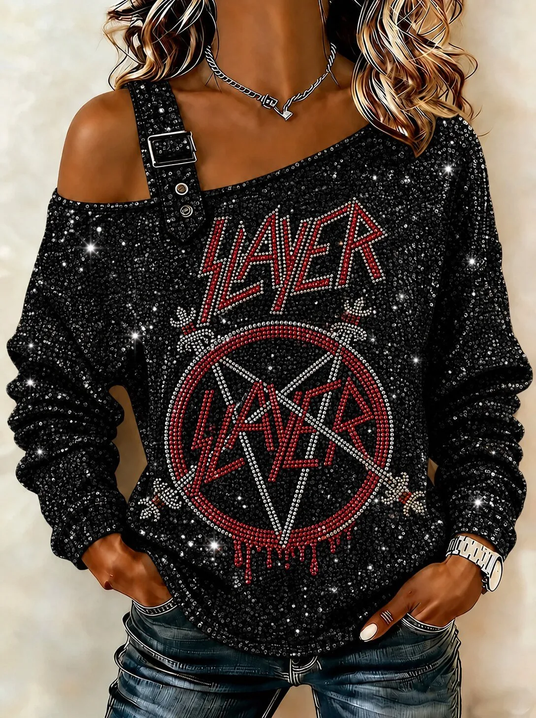 Slayer Band Logo Asymmetrical Neck Long Sleeve Sweatshirt for Women