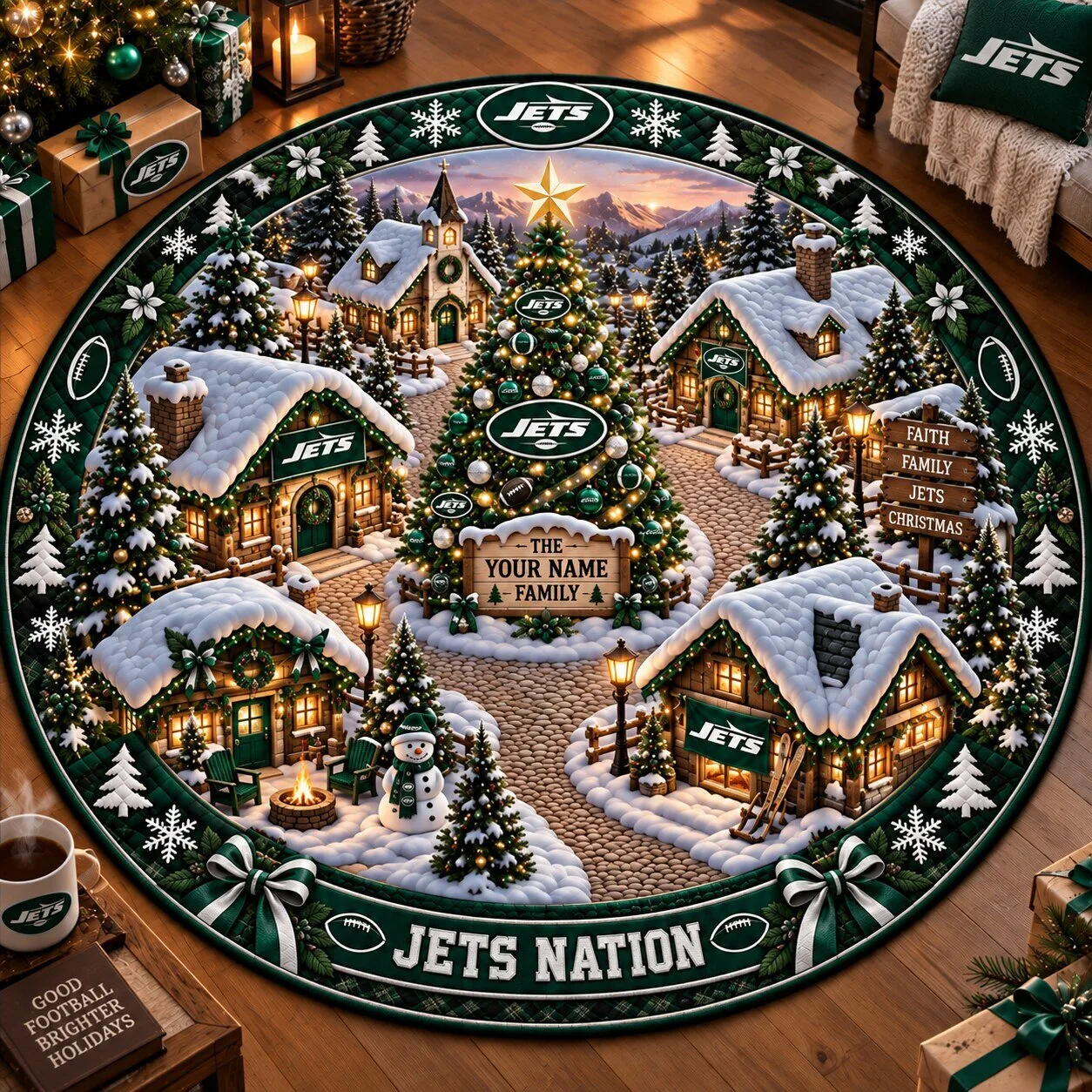 New York Jets Christmas Village Round Quilted Area Rug