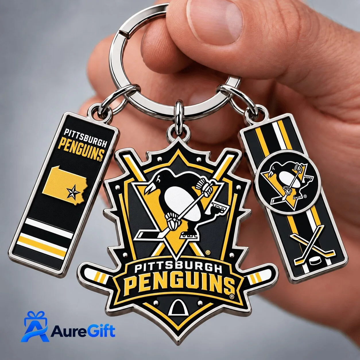 Pittsburgh Penguins NHL Hockey Team Logo and State Map Triple Charm Keychain