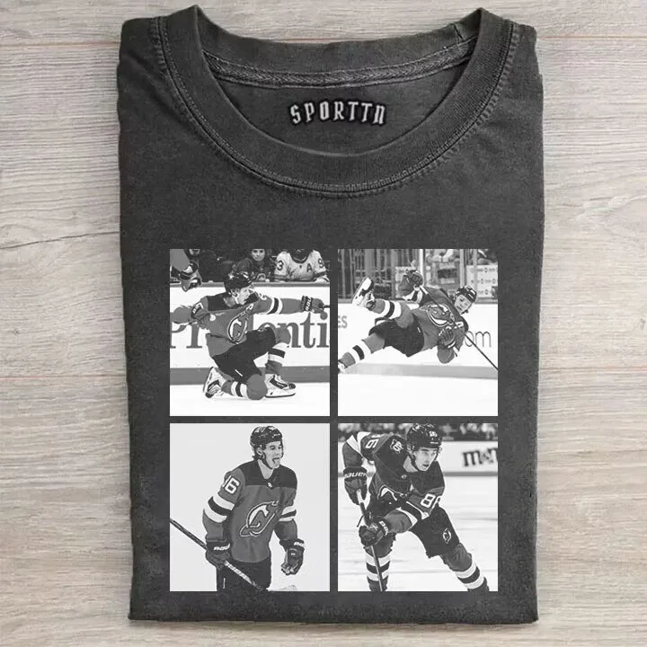 Jack Hughes Hockey Player Black and White Photo Collage T-Shirt