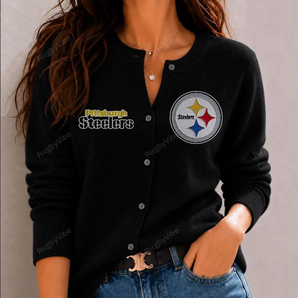 Pittsburgh Steelers Embroidered Black Cardigan Sweater for Women