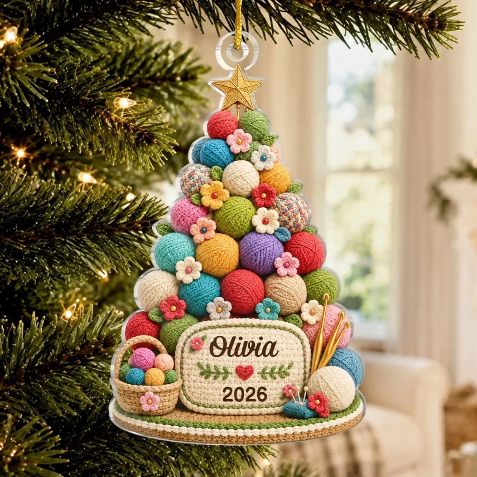 Personalized Crochet Yarn Ball Christmas Tree Ornament with Custom Name