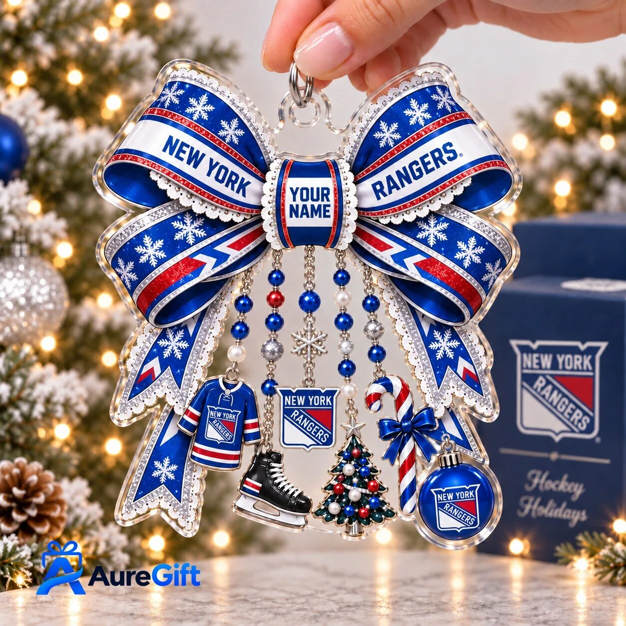 New York Rangers Personalized Christmas Bow Ornament