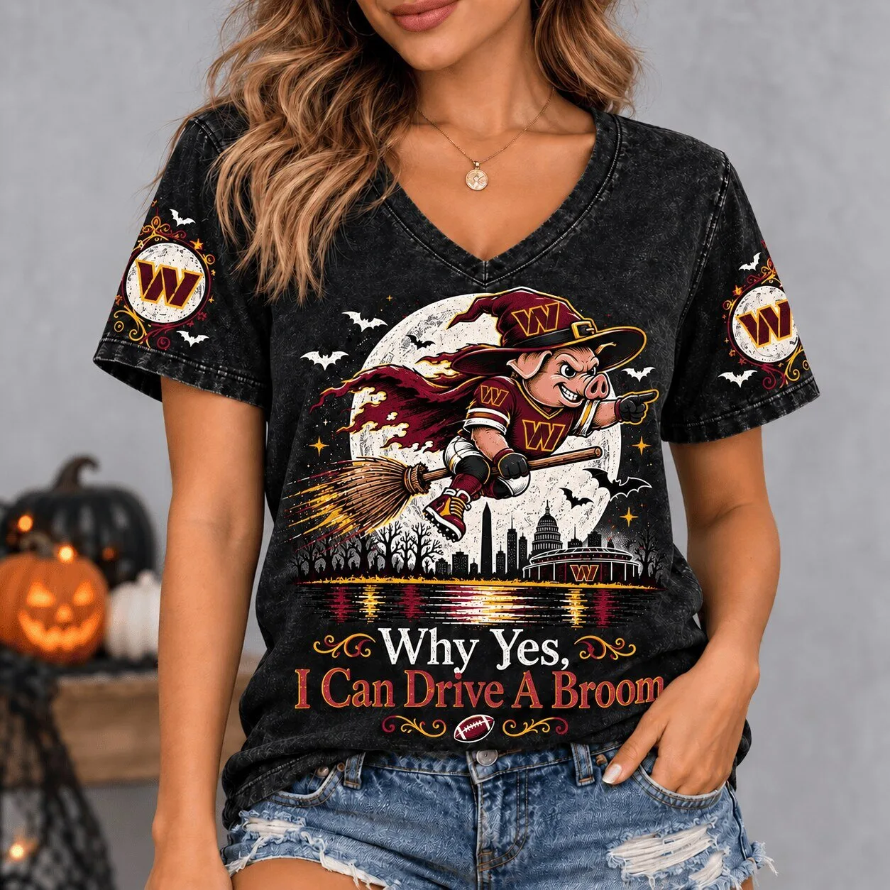 Washington Commanders Spooky Game Day Witch Pig Flying Broom Halloween T-Shirt