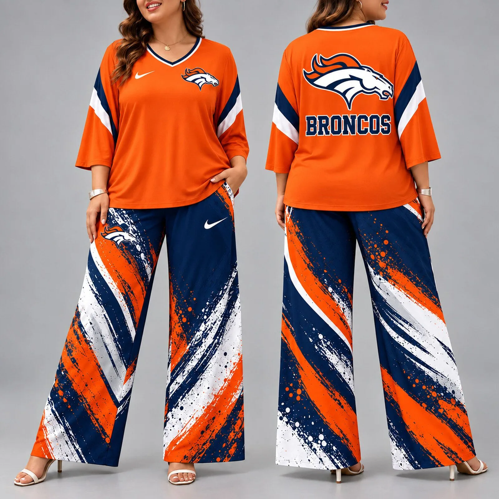 Denver Broncos Football Team Spirit V-Neck Top and Wide Leg Pants Set