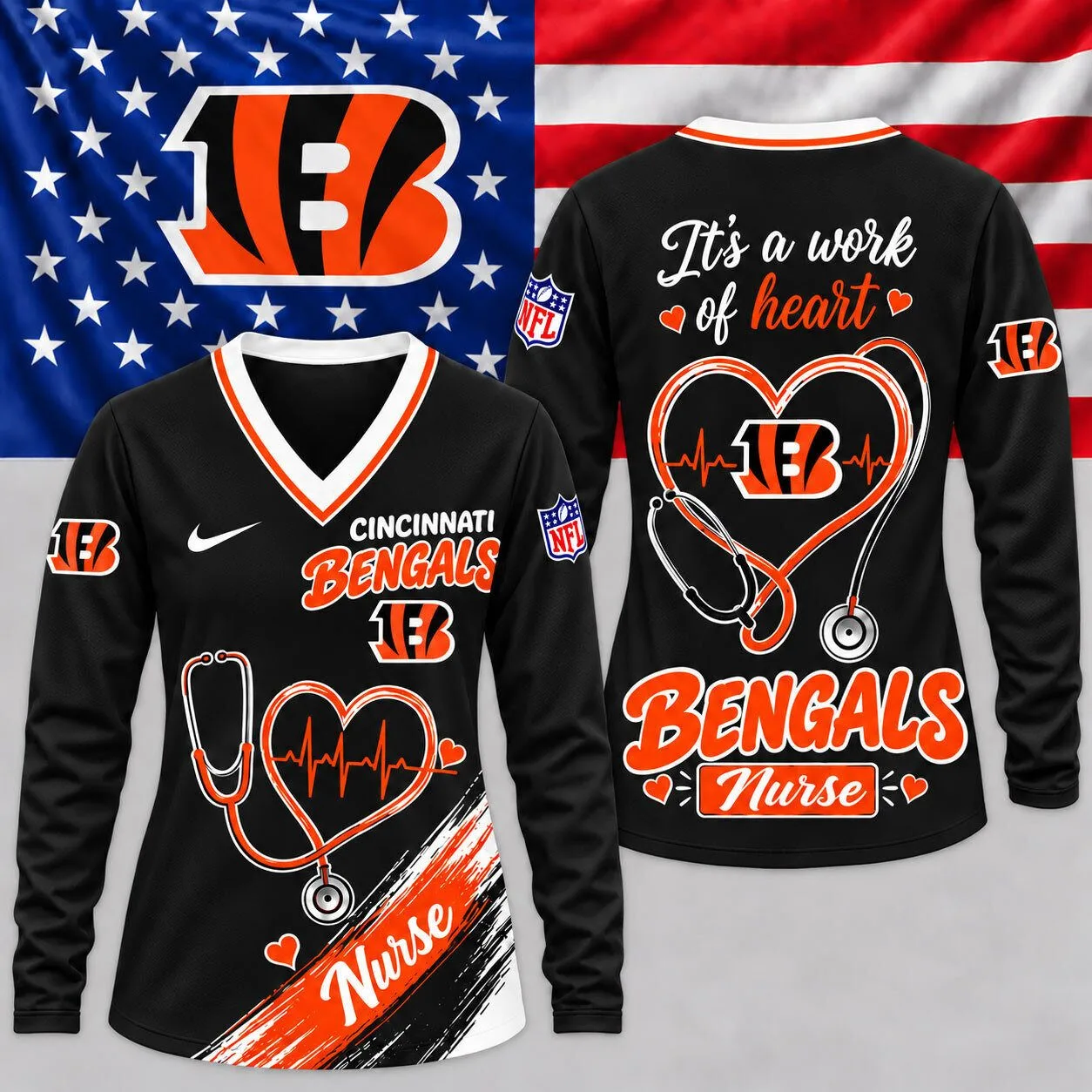 Cincinnati Bengals Nurse Heartbeat Pride V-Neck Long Sleeve Shirt