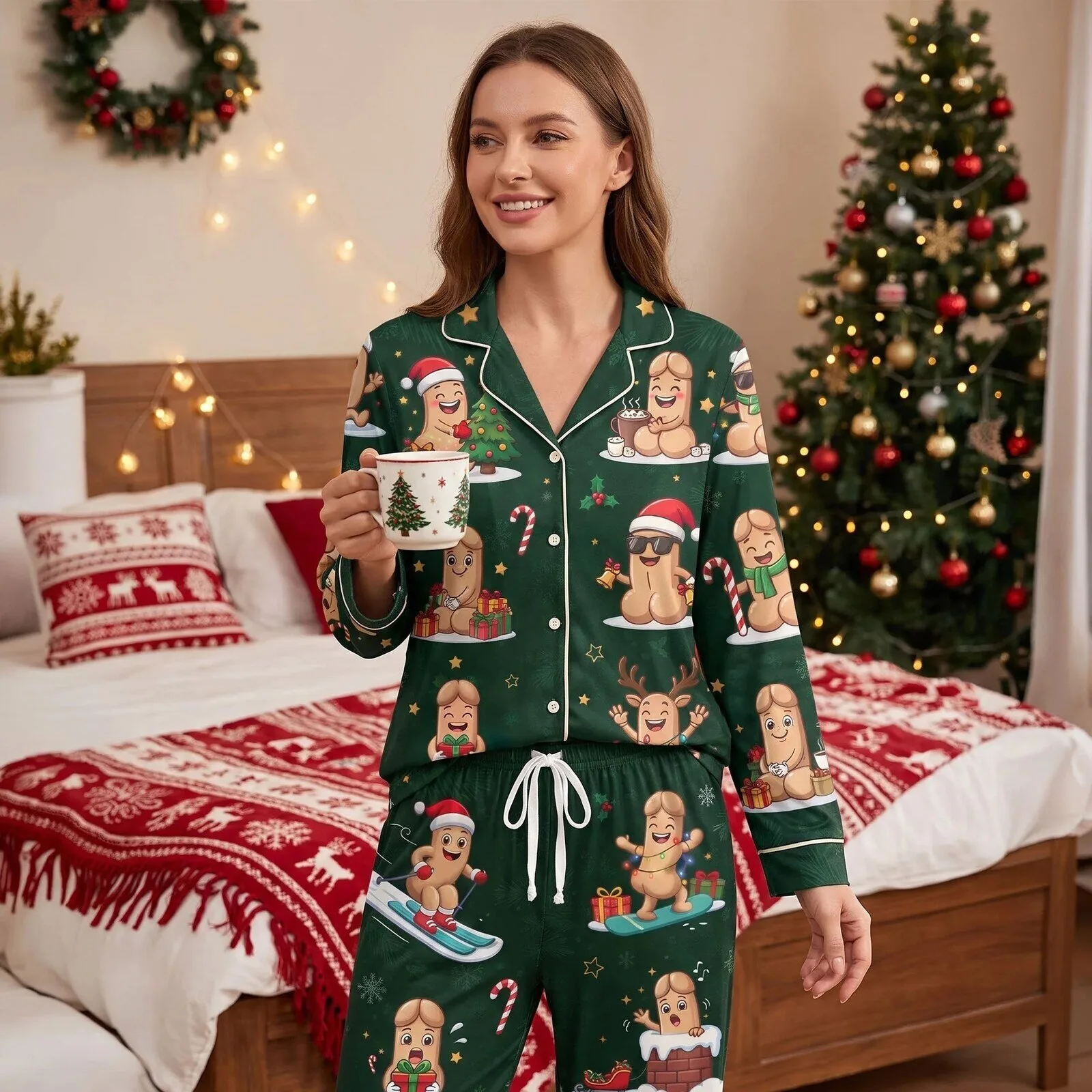 Funny Christmas Dick Character Pajama Set for Adults, Holiday Matching Sleepwear