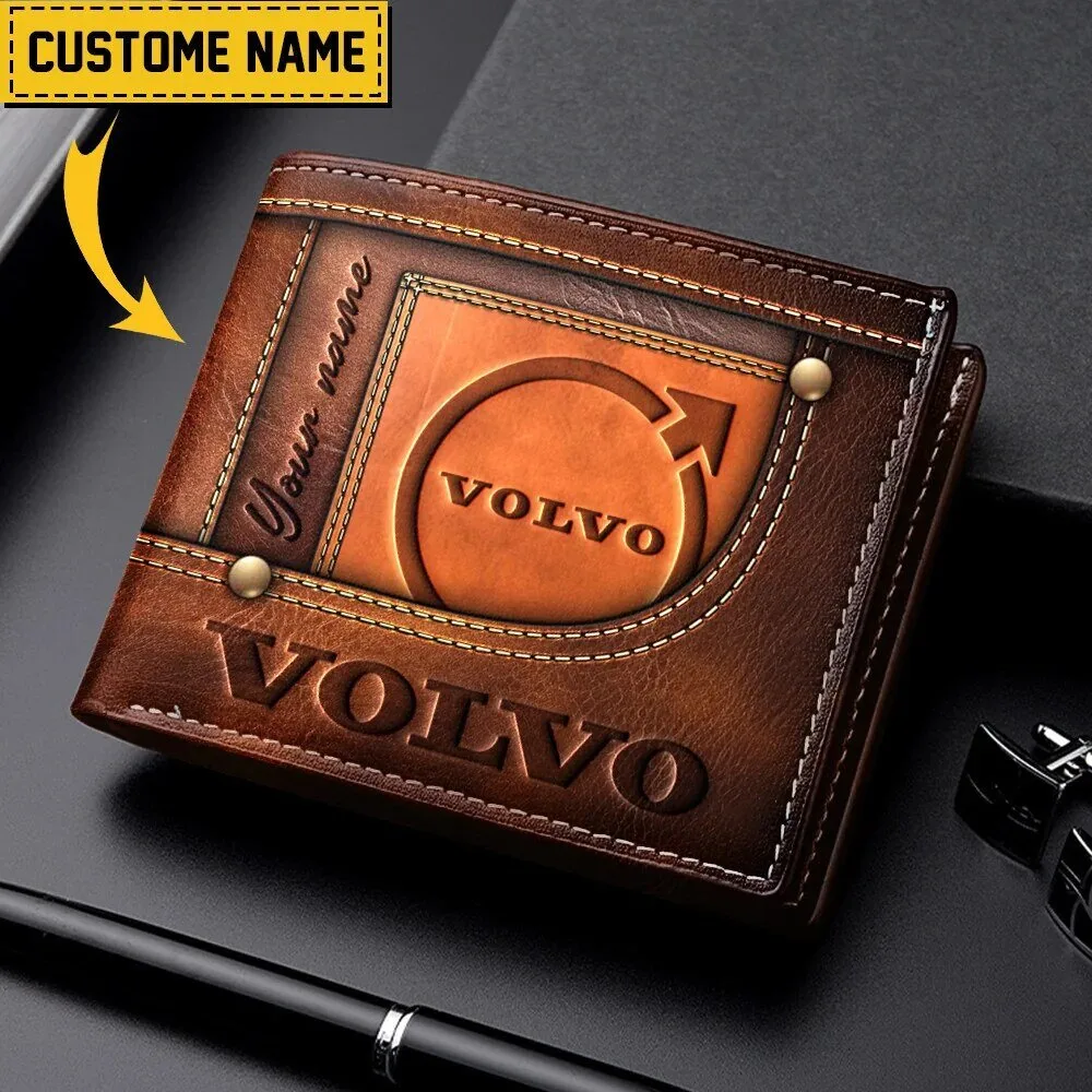 Custom Volvo Logo Brown Faux Leather Bi-Fold Wallet