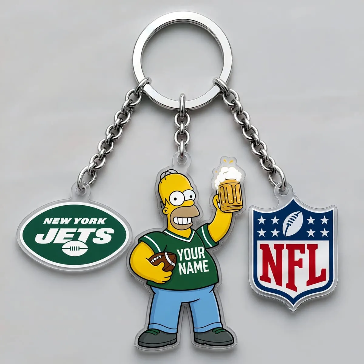 New York Jets Homer Simpson NFL Football Personalized Triple Charm Keychain 1 New York Jets Homer Simpson NFL Football Personalized Triple Charm Keychain