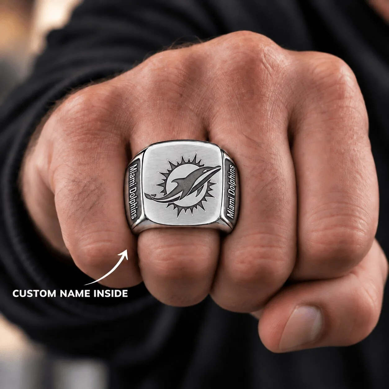 Miami Dolphins NFL Football Team Logo Custom Engraved Stainless Steel Ring