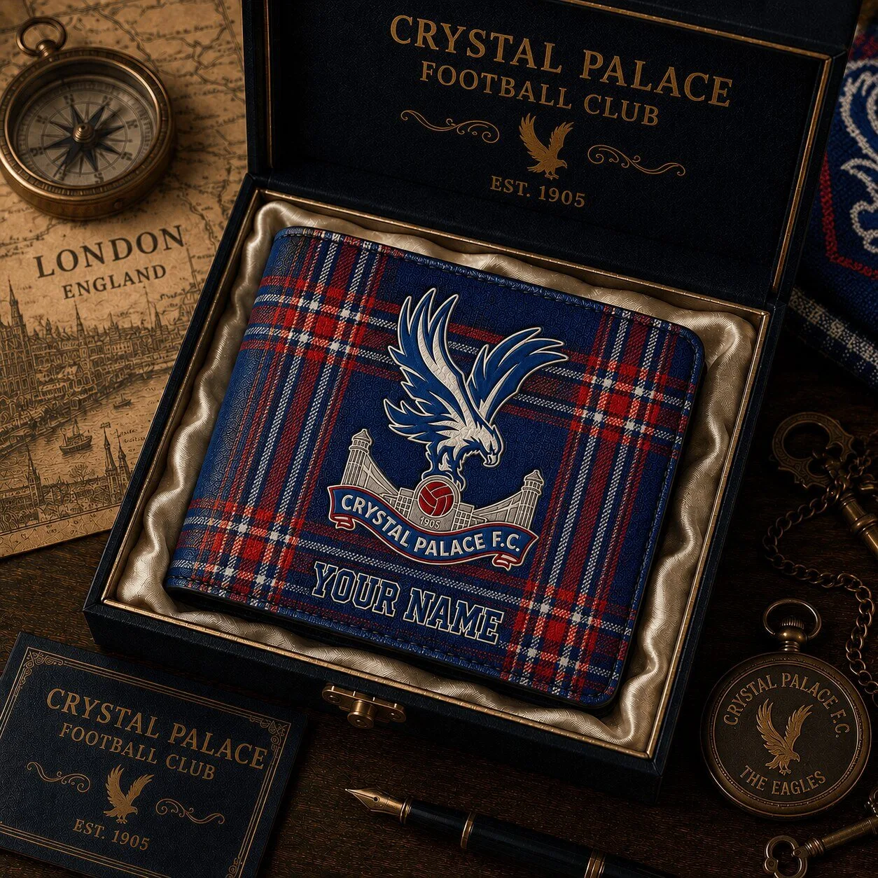 Crystal Palace Football Club Plaid Bi-Fold Wallet with Custom Name