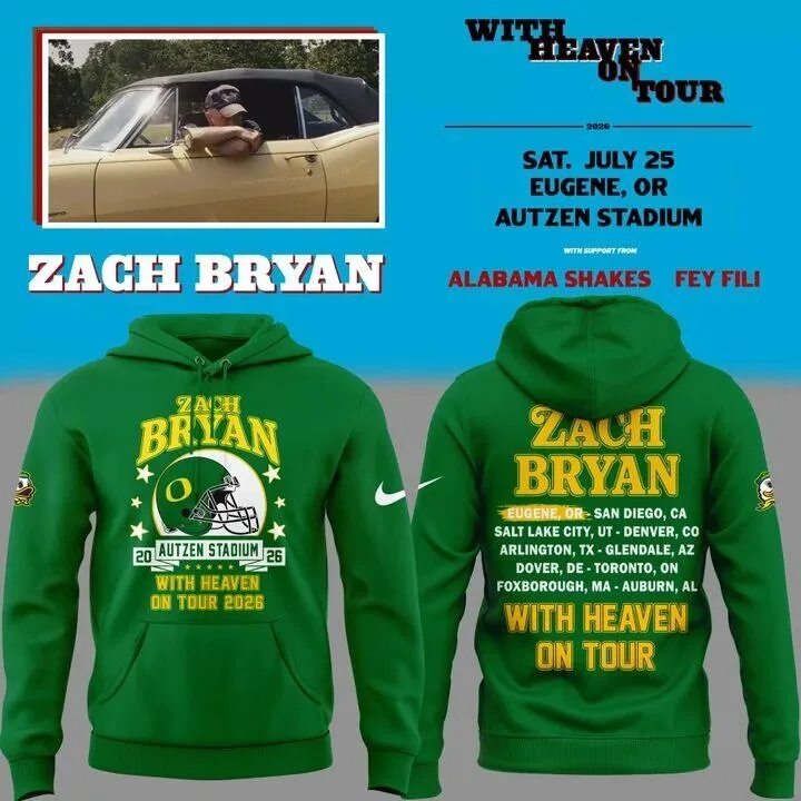 Green Hoodie for Zach Bryan's Heaven On Tour 2026 at Autzen Stadium