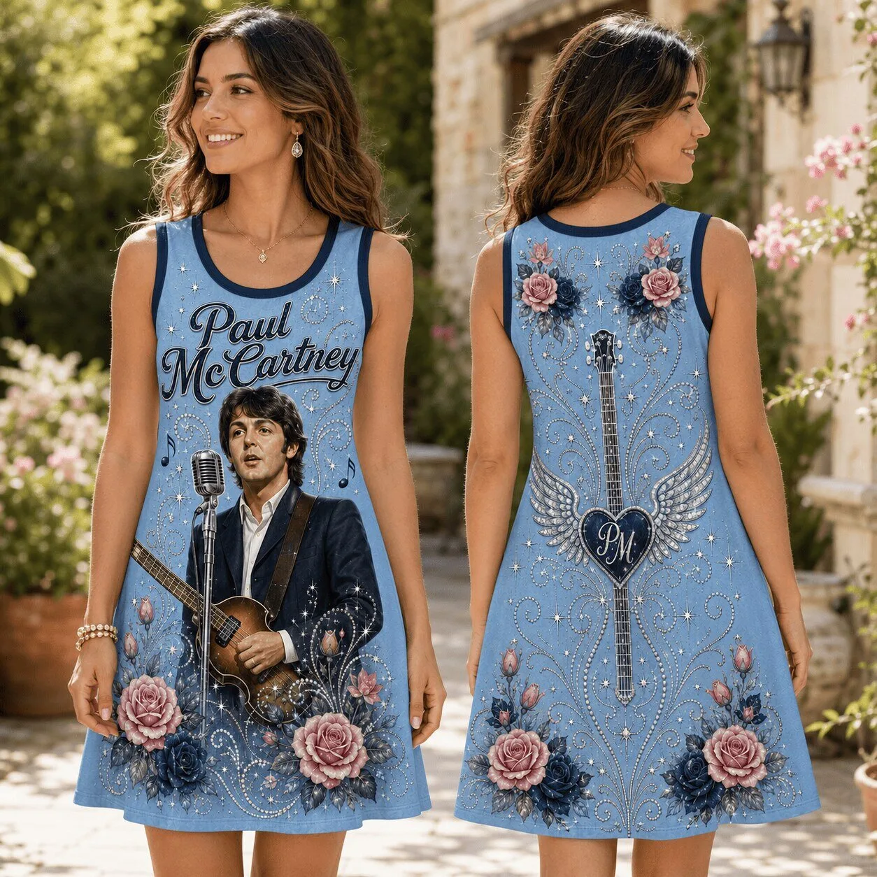 Paul McCartney Floral Guitar Music Fan Sleeveless Dress