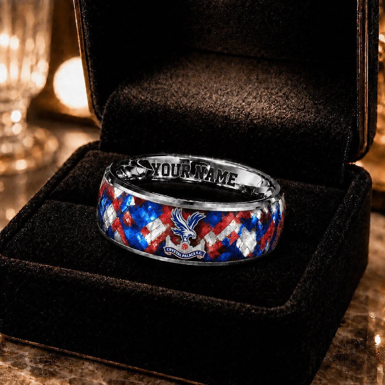 Crystal Palace Football Club Custom Name Red White Blue Braided Pattern Ring