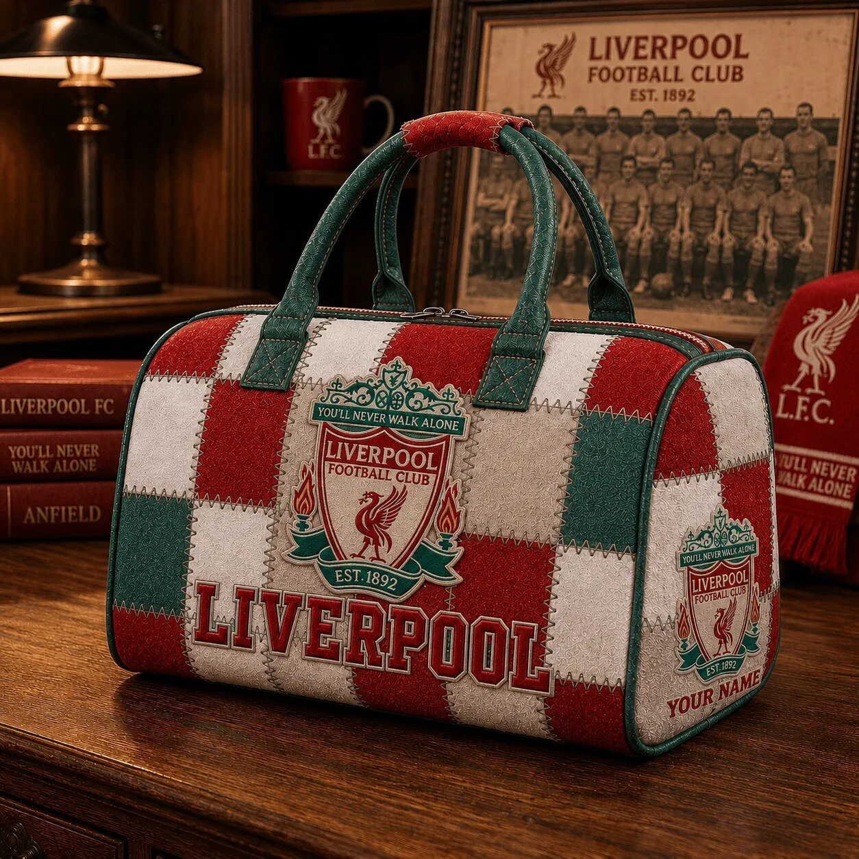 Liverpool Football Club Quilted Duffel Bag with Custom Name for Fans