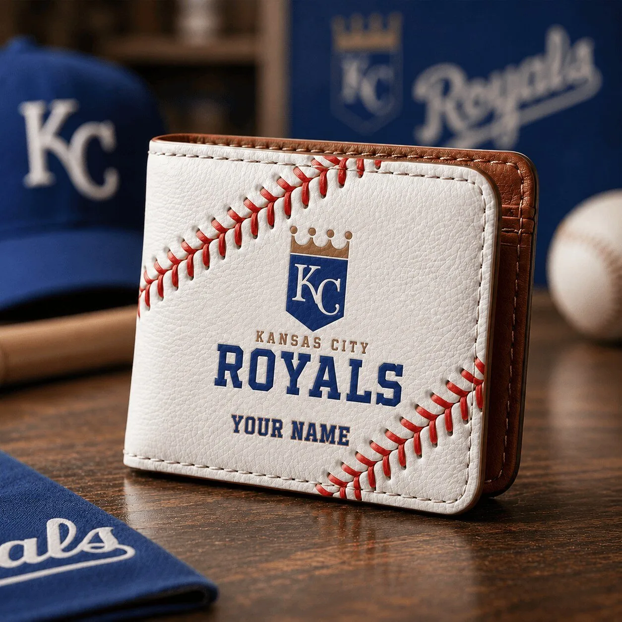 Kansas City Royals Baseball Stitched White Leather Wallet Custom Name
