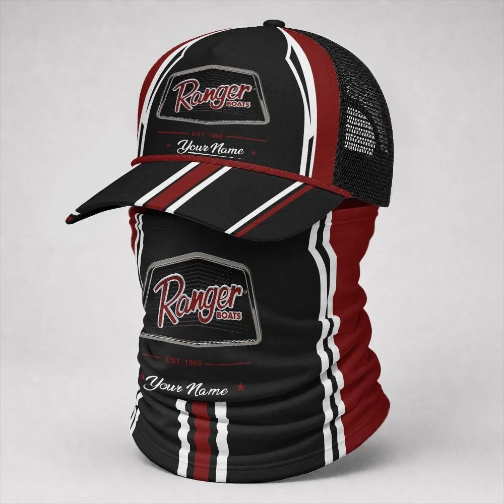 Ranger Boats Custom Name Red and Black Fishing Trucker Cap and Neck Gaiter Set