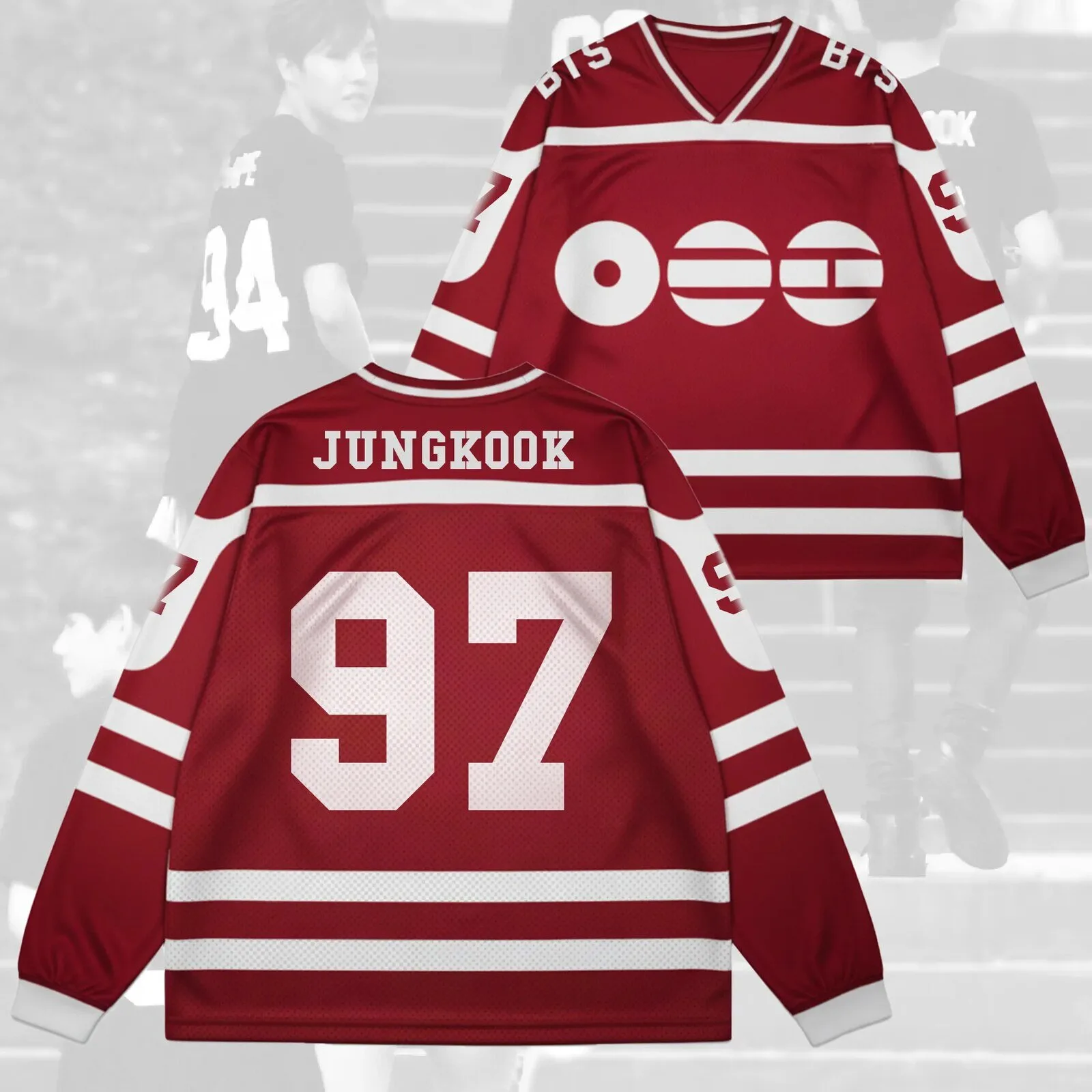 Jungkook 97 BTS K-Pop Band Red Hockey Jersey