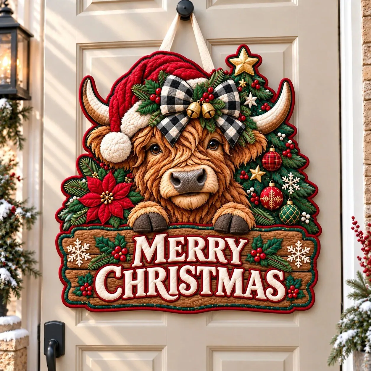 Highland Cow Christmas Farmhouse Custom Shape Quilted Door Hanger Merry Christmas
