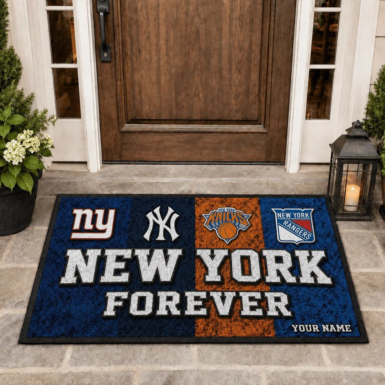 New York Yankees Knicks Rangers Giants Forever Personalized Doormat