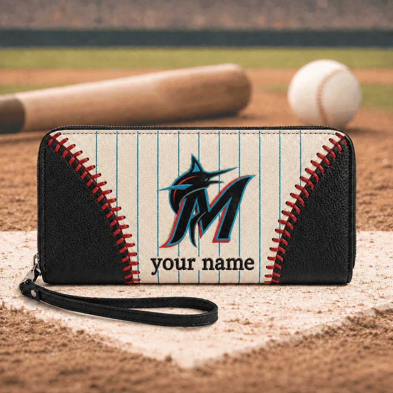 Miami Marlins Personalized Baseball Stitching Leather Zipper Wallet