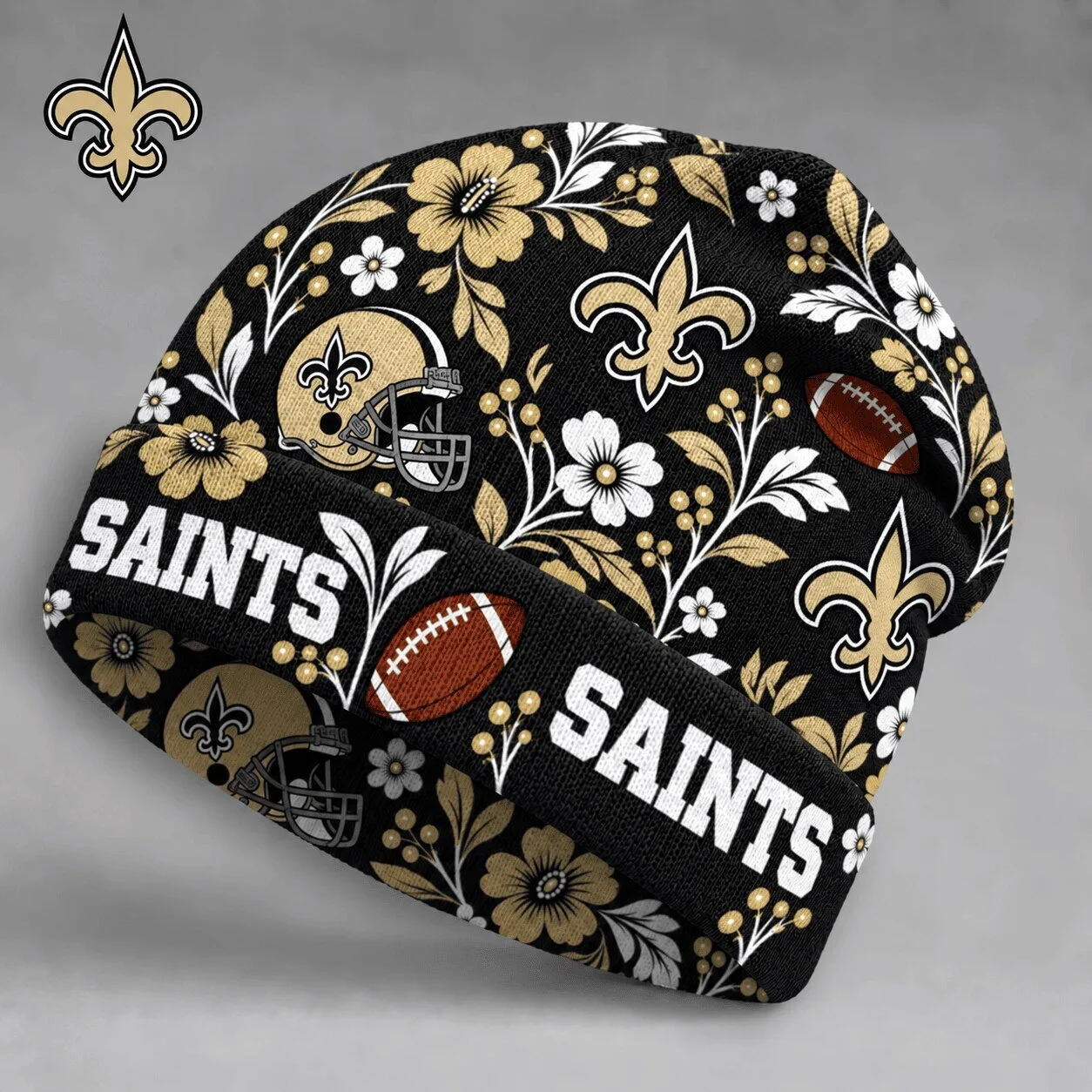 New Orleans Saints Floral Pattern Football Team Beanie Hat