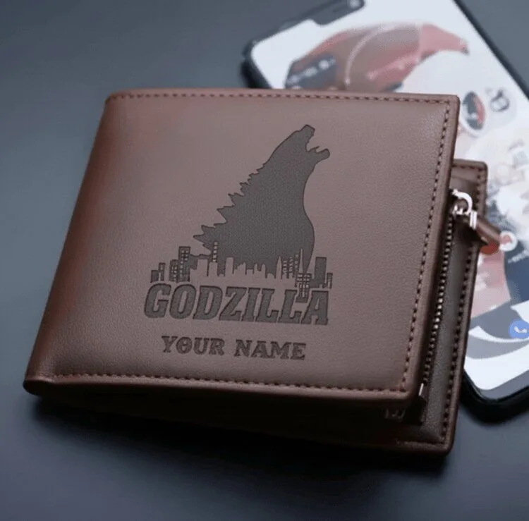 Godzilla City Silhouette Personalized Brown Leather Wallet for Men