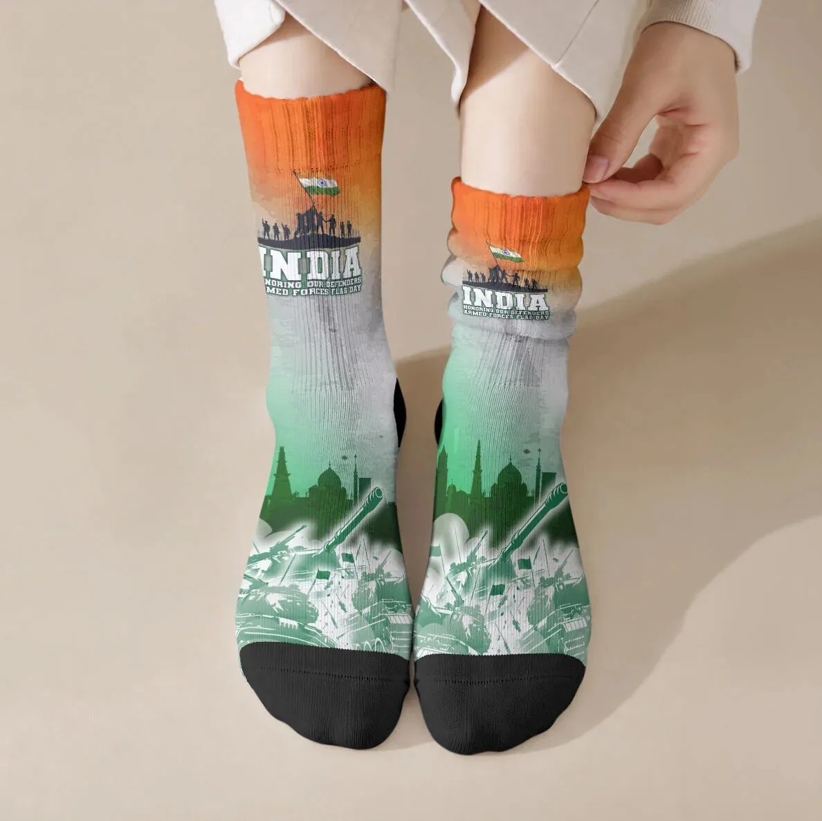 India Armed Forces Flag Day Military Silhouette Gradient Crew Socks