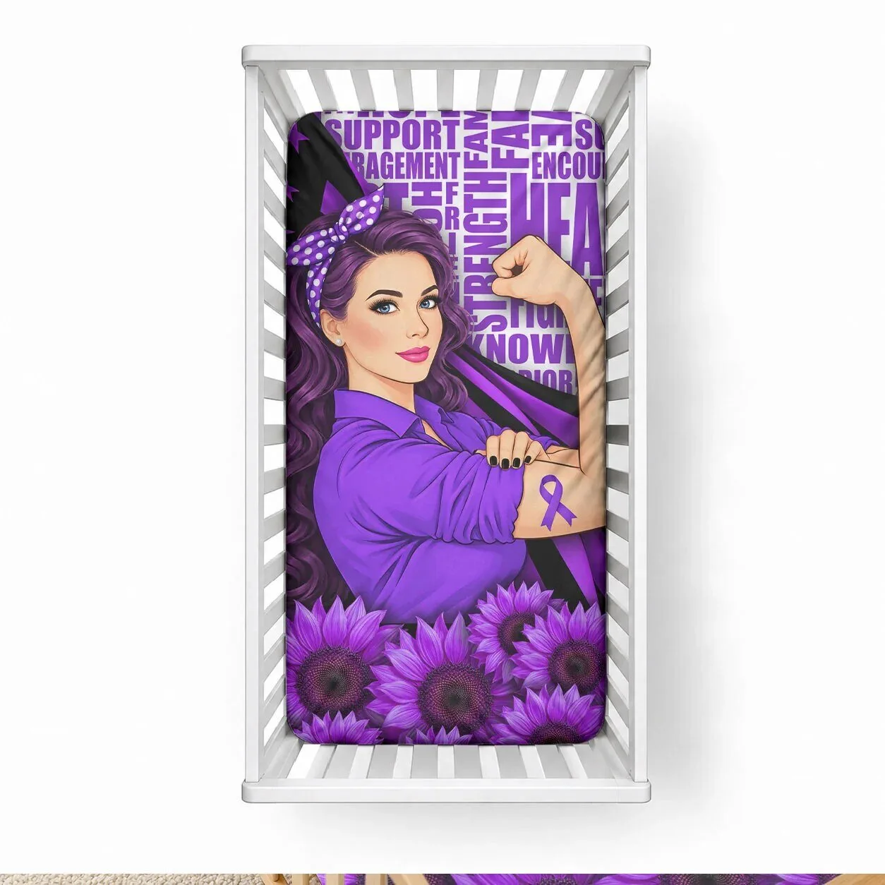 Domestic Violence Awareness Rosie the Riveter Purple Ribbon Sunflower Crib Sheet