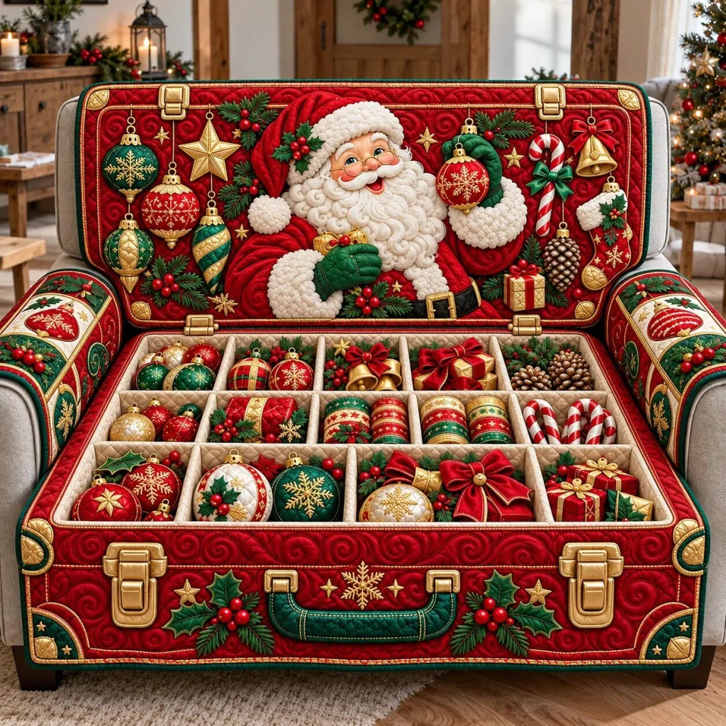 Christmas Santa Claus Trunk Quilted Sofa Cover for Holiday Decor Christmas Santa Claus Trunk Quilted Sofa Cover for Holiday Decor