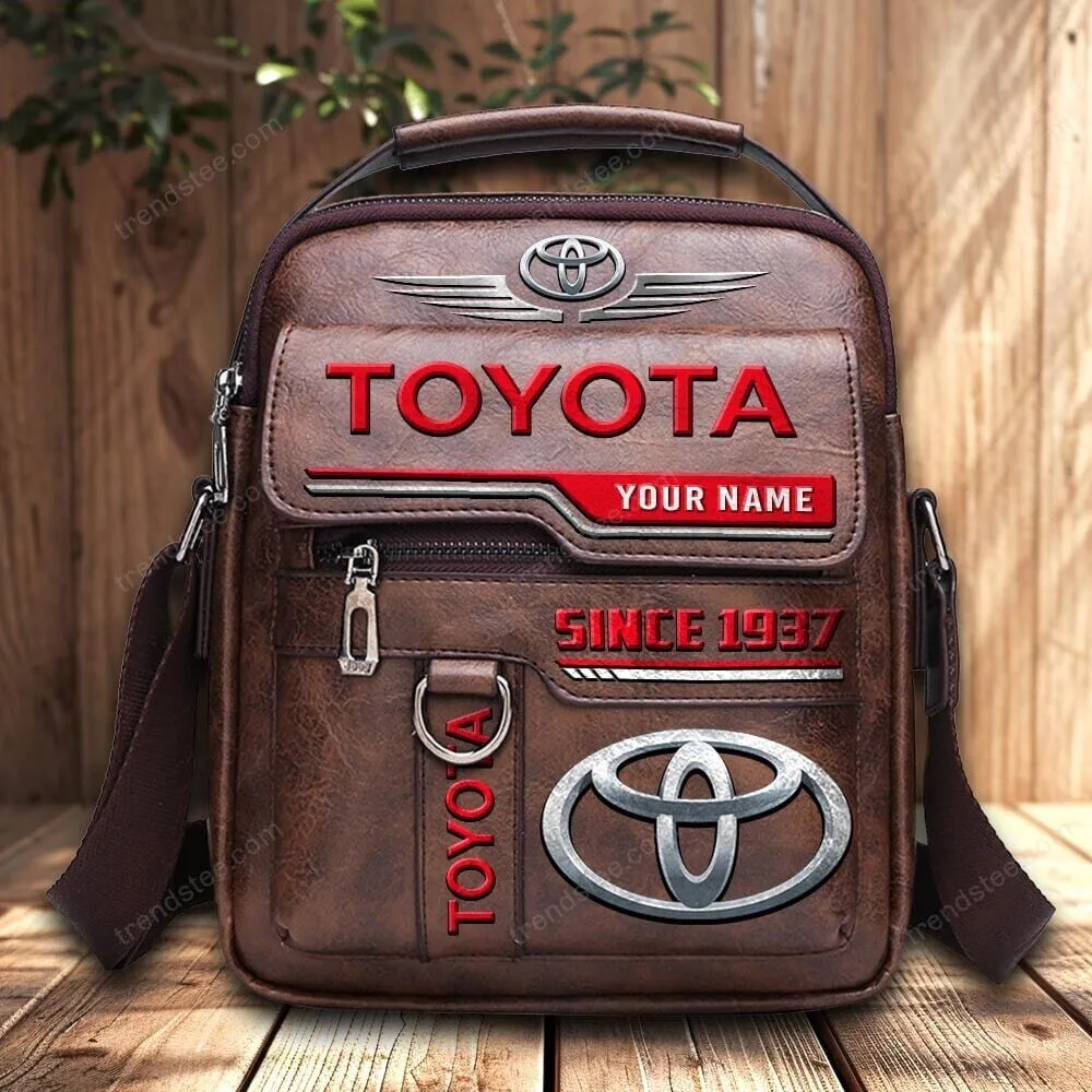 Personalized Toyota Car Logo Brown Leather Crossbody Bag for Men